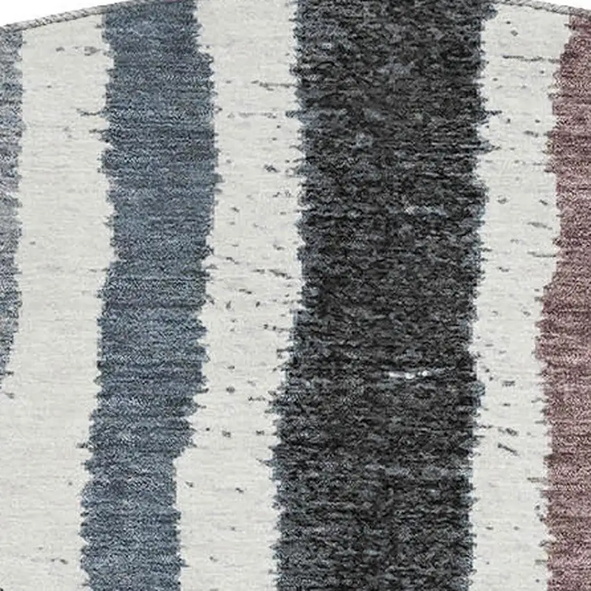 8' Denim Blue Ivory And Taupe Striped Washable Round Rug With UV Protection Photo 4