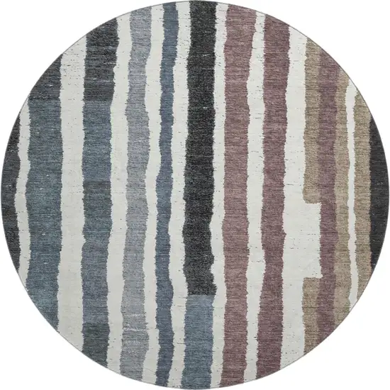 8' Denim Blue Ivory And Taupe Striped Washable Round Rug With UV Protection Photo 1