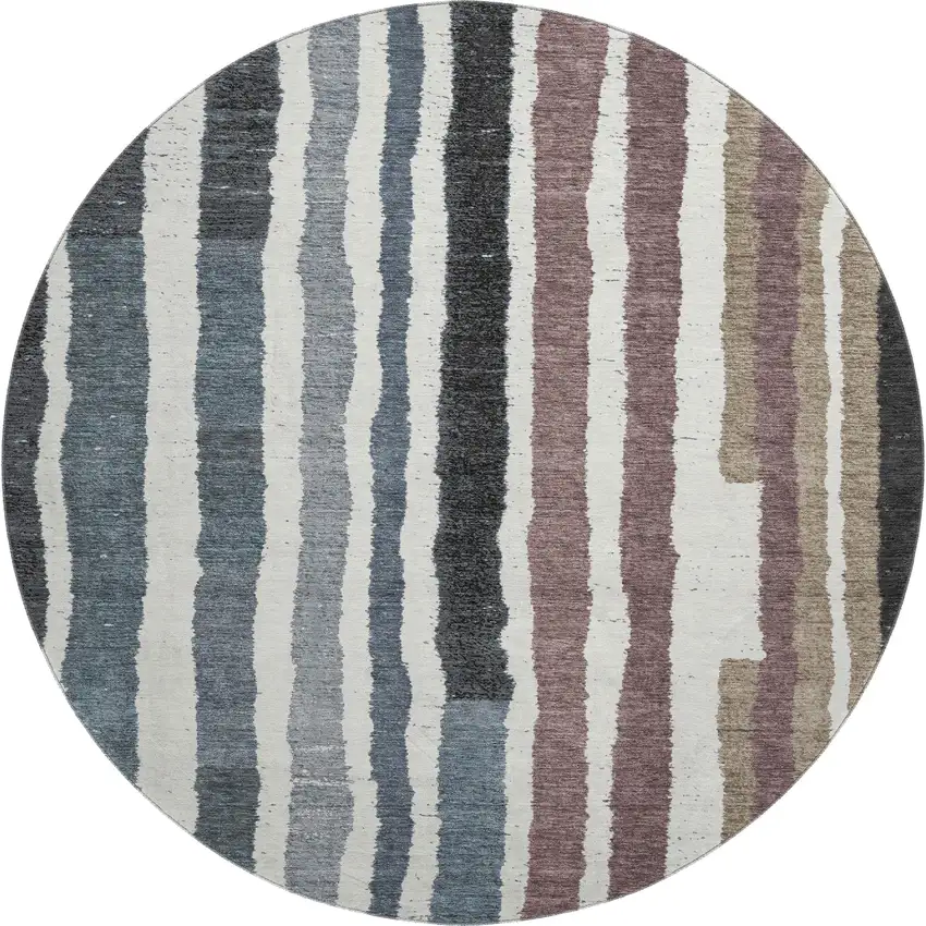 8' Denim Blue Ivory And Taupe Striped Washable Round Rug With UV Protection Photo 1