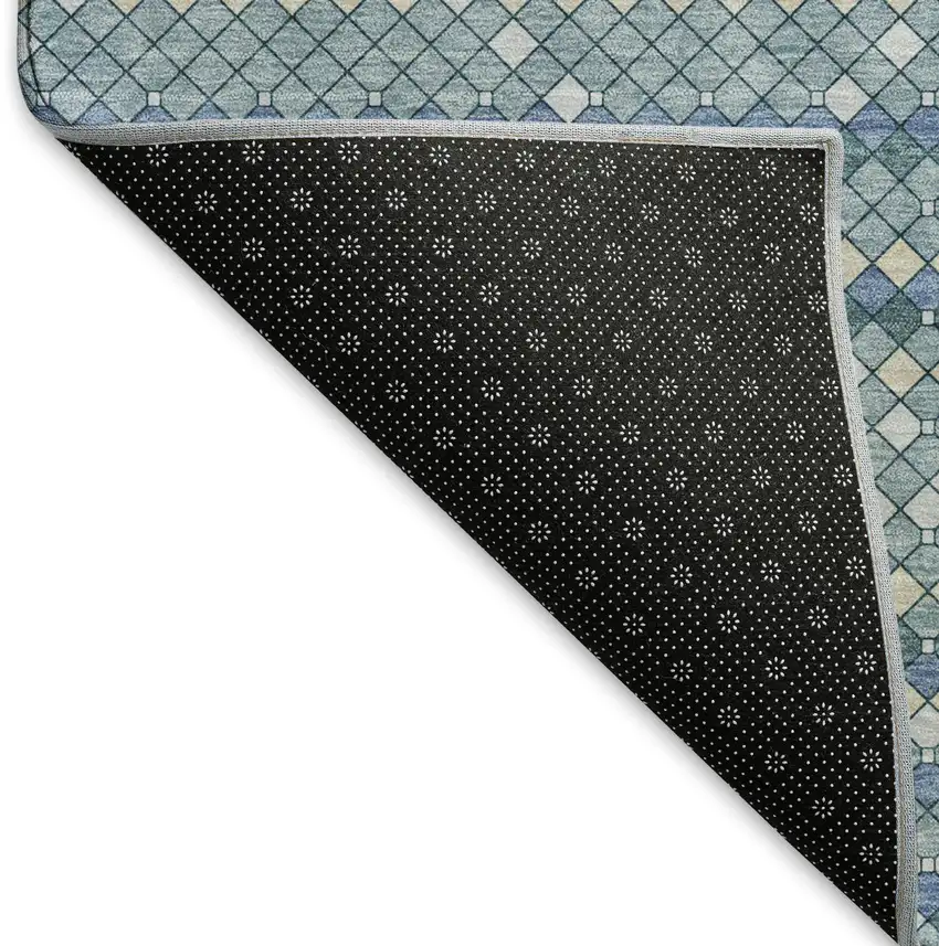 8' Denim Blue Ivory And Teal Geometric Washable Area Rug With UV Protection Photo 7