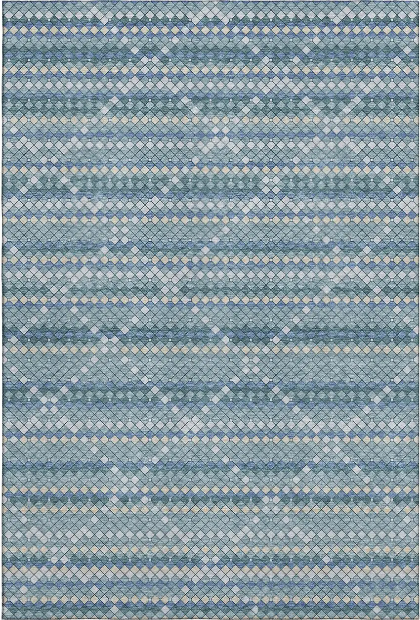 8' Denim Blue Ivory And Teal Geometric Washable Area Rug With UV Protection Photo 6