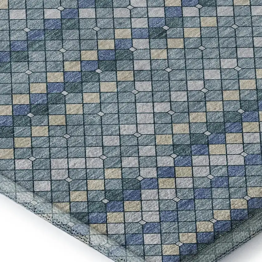 8' Denim Blue Ivory And Teal Geometric Washable Area Rug With UV Protection Photo 2