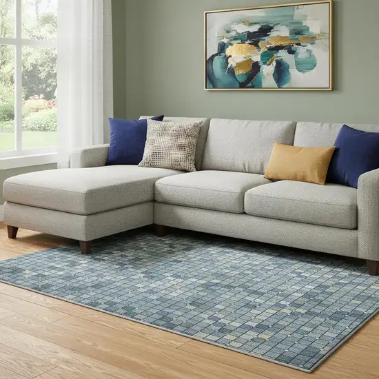 8' Denim Blue Ivory And Teal Geometric Washable Area Rug With UV Protection Photo 2