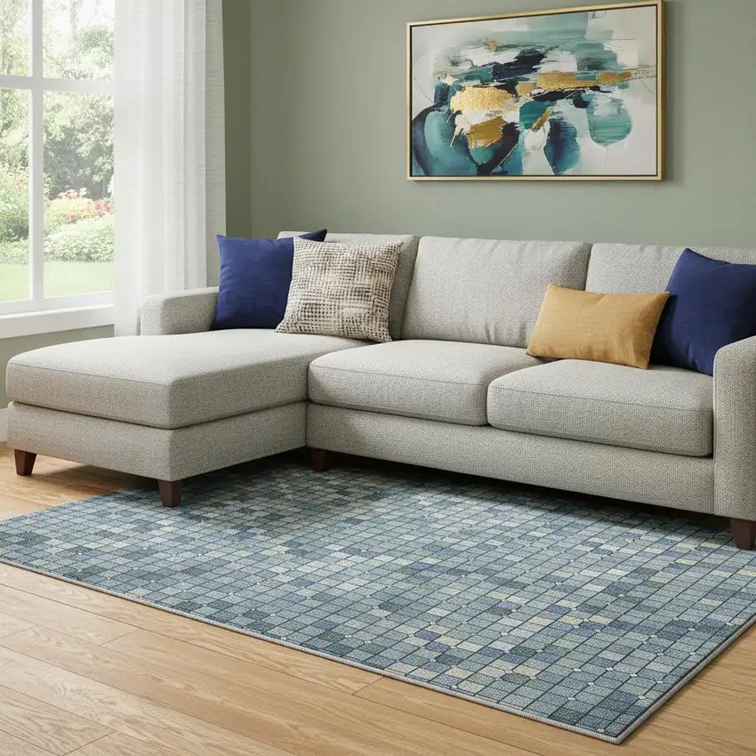 8' Denim Blue Ivory And Teal Geometric Washable Area Rug With UV Protection Photo 2