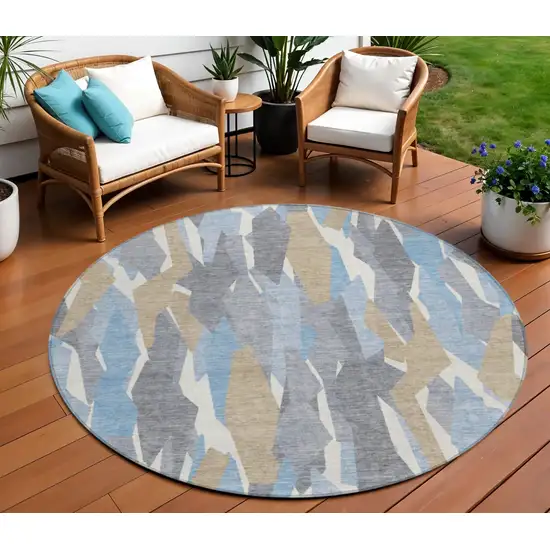 8' Denim Blue Khaki And Ivory Round Striped Washable Indoor Outdoor Area Rug Photo 1