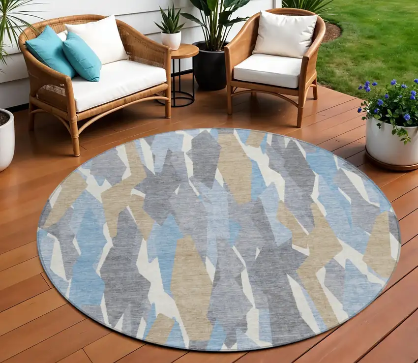 8' Denim Blue Khaki And Ivory Round Striped Washable Indoor Outdoor Area Rug Photo 1