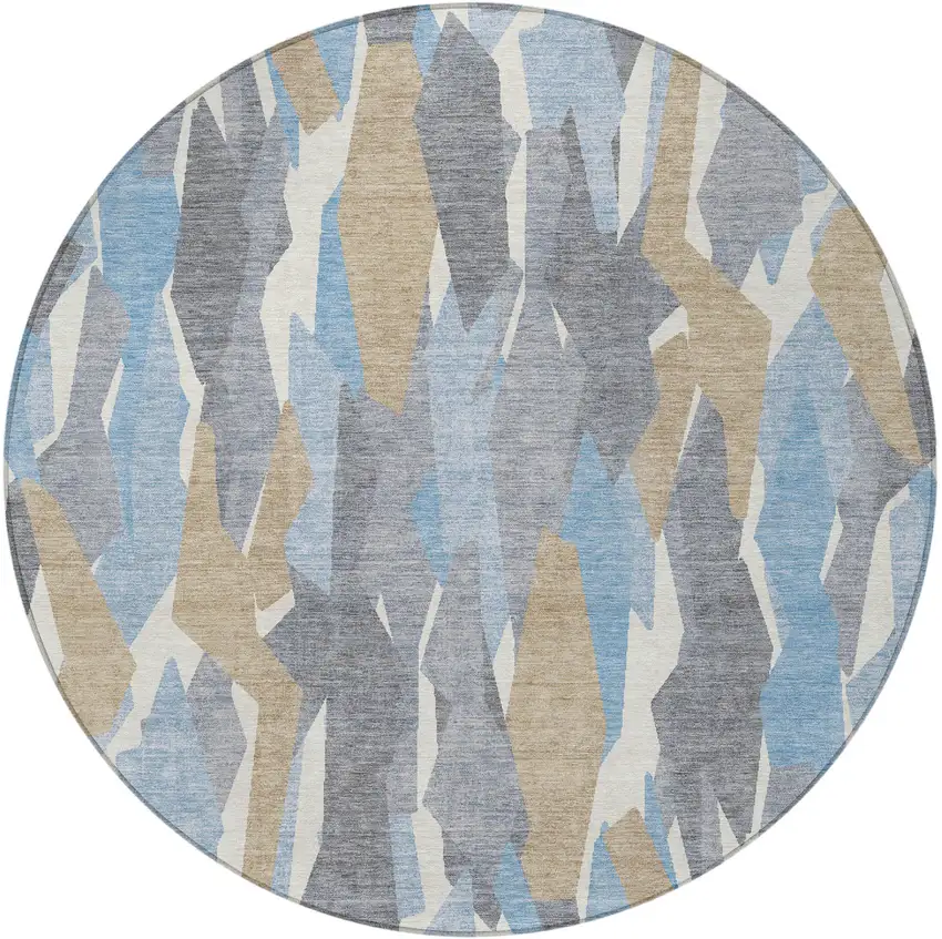 8' Denim Blue Khaki And Ivory Round Striped Washable Indoor Outdoor Area Rug Photo 4