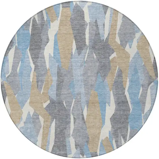 8' Denim Blue Khaki And Ivory Round Striped Washable Indoor Outdoor Area Rug Photo 4