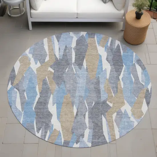 8' Denim Blue Khaki And Ivory Round Striped Washable Indoor Outdoor Area Rug Photo 8