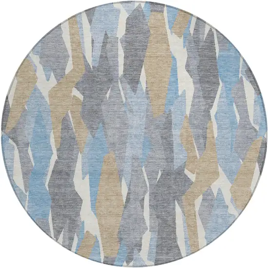 8' Denim Blue Khaki And Ivory Round Striped Washable Indoor Outdoor Area Rug Photo 2
