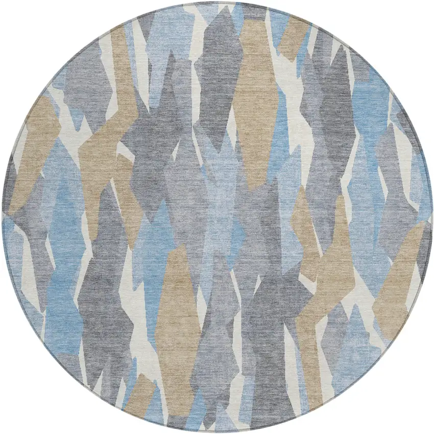 8' Denim Blue Khaki And Ivory Round Striped Washable Indoor Outdoor Area Rug Photo 2