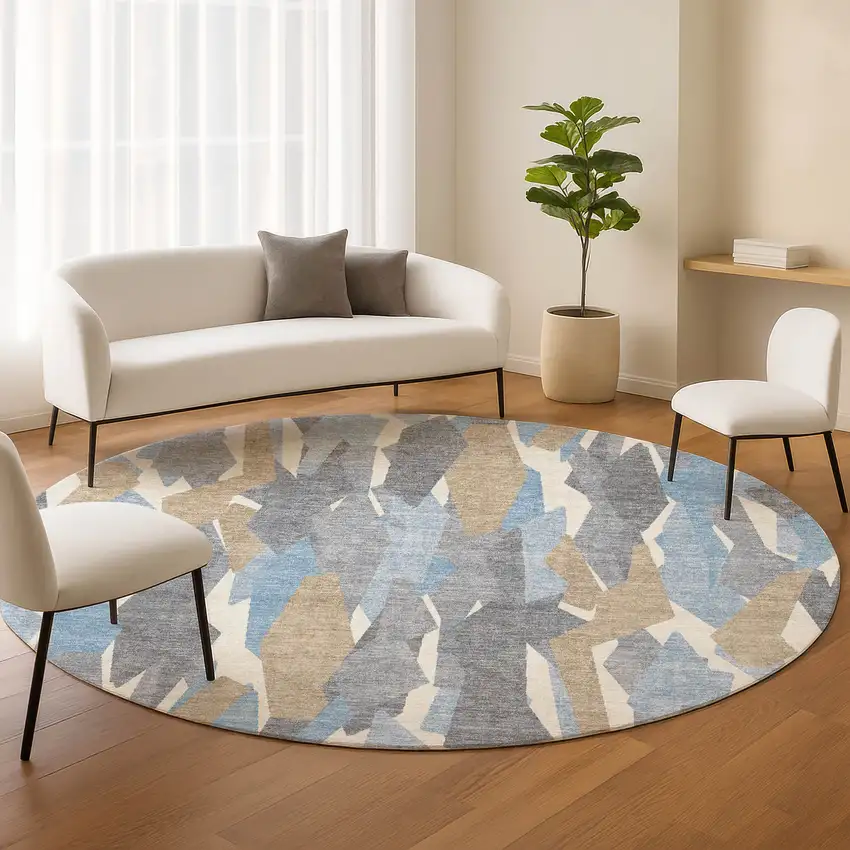 8' Denim Blue Khaki And Ivory Round Striped Washable Indoor Outdoor Area Rug Photo 9