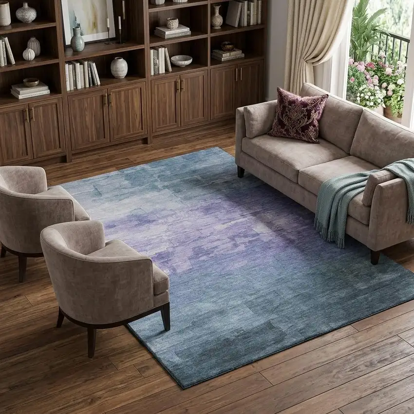 8' Denim Blue Lavender And Sky Blue Striped Washable Area Rug With UV Protection Photo 1