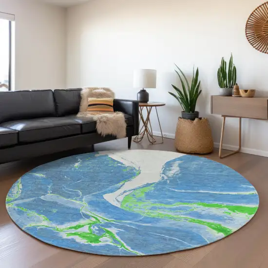 8' Denim Blue Lime Green And Ivory Abstract Washable Round Rug With UV Protection Photo 4