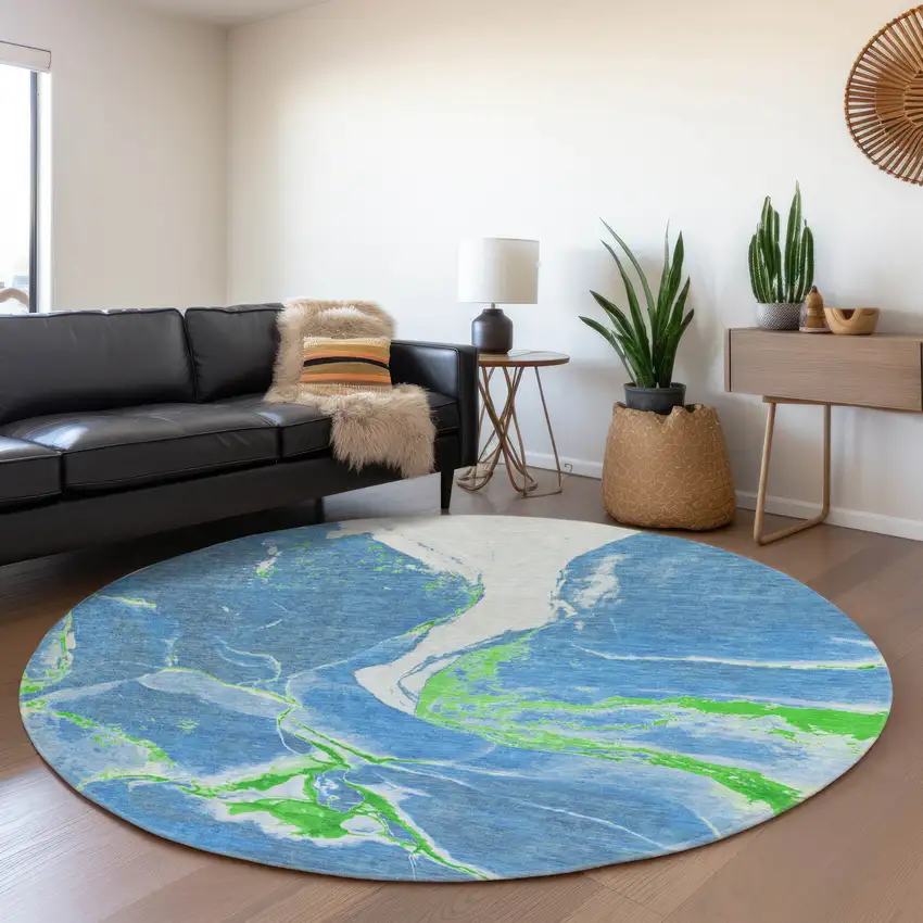 8' Denim Blue Lime Green And Ivory Abstract Washable Round Rug With UV Protection Photo 4