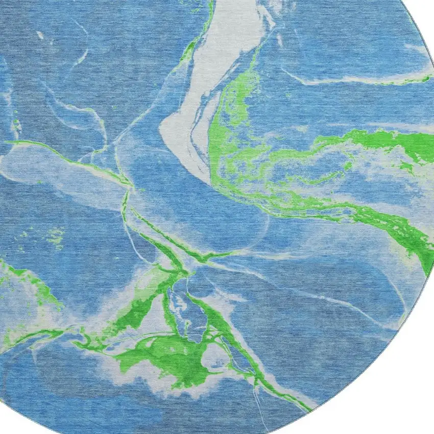 8' Denim Blue Lime Green And Ivory Abstract Washable Round Rug With UV Protection Photo 2