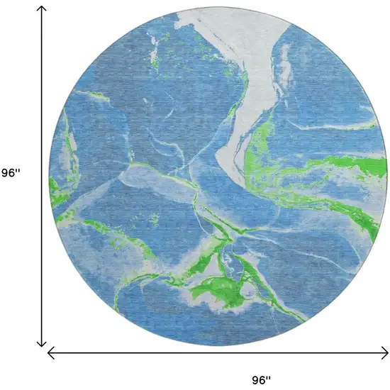 8' Denim Blue Lime Green And Ivory Abstract Washable Round Rug With UV Protection Photo 9