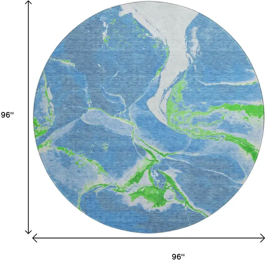 8' Denim Blue Lime Green And Ivory Abstract Washable Round Rug With UV Protection Photo 9