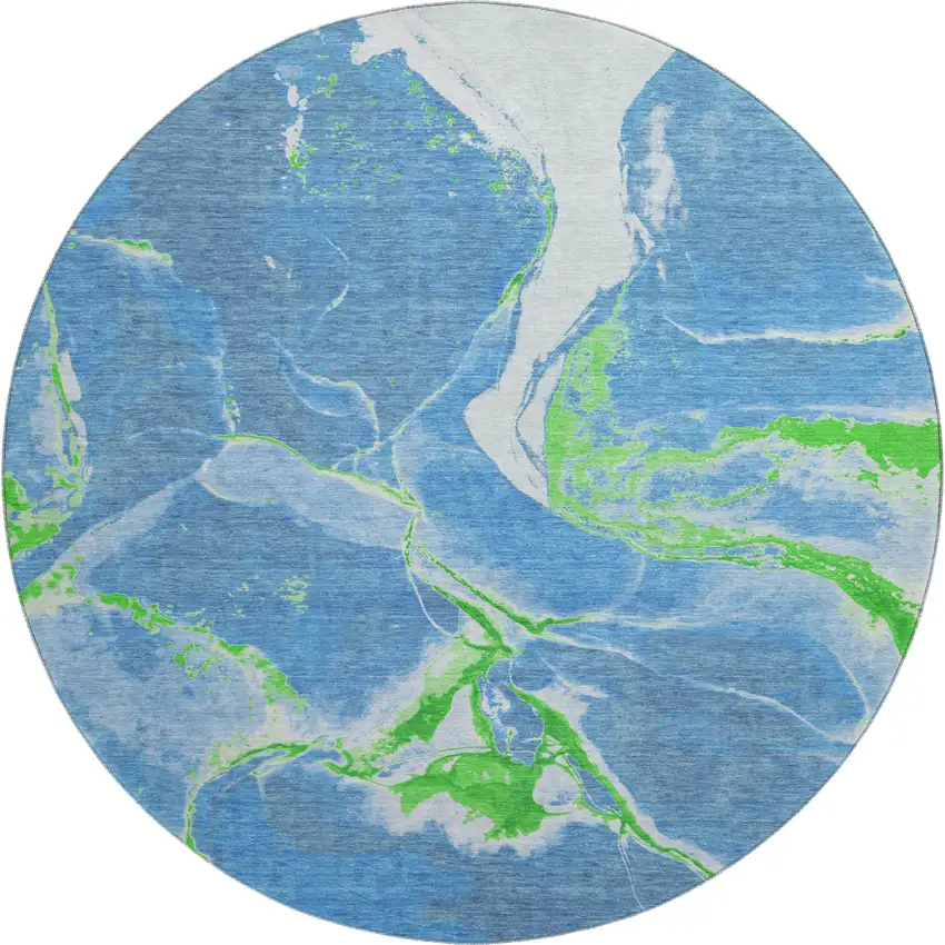 8' Denim Blue Lime Green And Ivory Abstract Washable Round Rug With UV Protection Photo 1