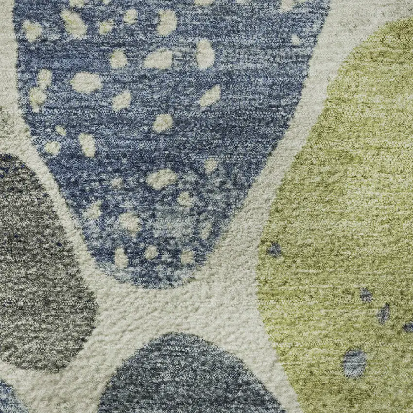 8' Denim Blue Lime Green And Ivory Geometric Washable Round Rug With UV Protection Photo 9