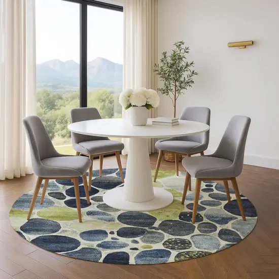 8' Denim Blue Lime Green And Ivory Geometric Washable Round Rug With UV Protection Photo 5