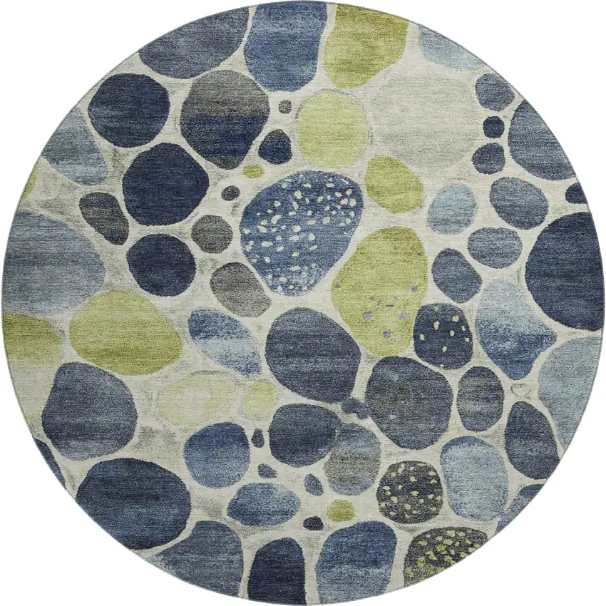8' Denim Blue Lime Green And Ivory Geometric Washable Round Rug With UV Protection Photo 1