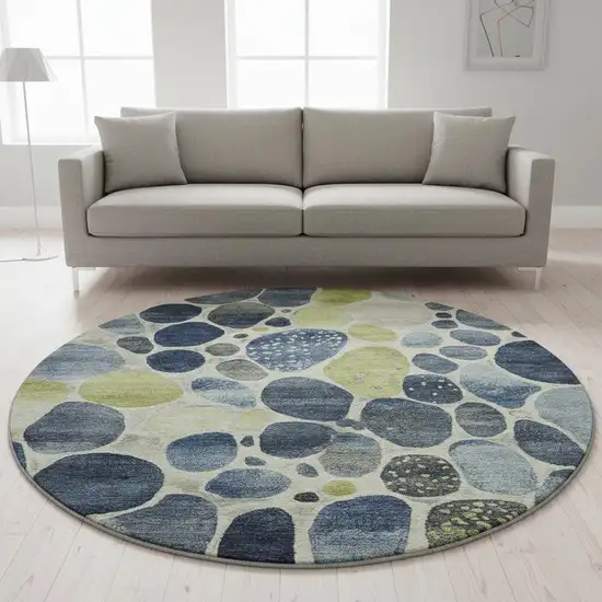 8' Denim Blue Lime Green And Ivory Geometric Washable Round Rug With UV Protection Photo 2