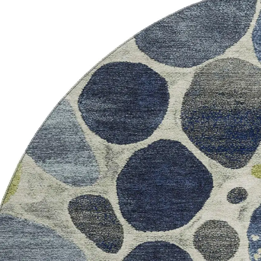 8' Denim Blue Lime Green And Ivory Geometric Washable Round Rug With UV Protection Photo 3