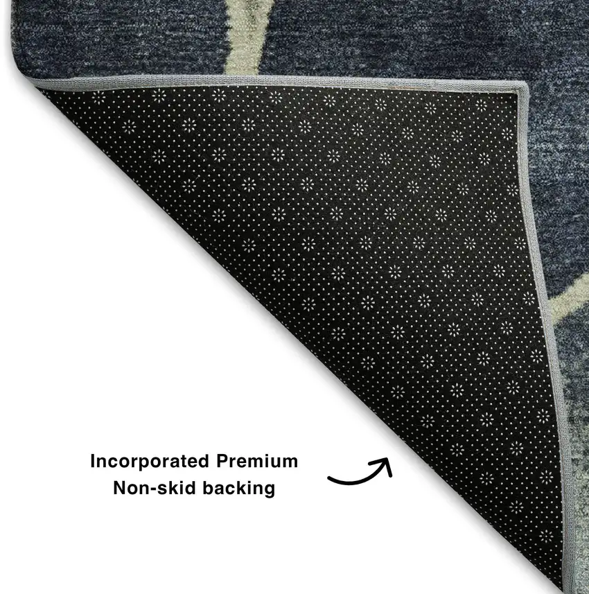 8' Denim Blue Lime Green And Ivory Geometric Washable Round Rug With UV Protection Photo 6