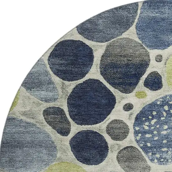 8' Denim Blue Lime Green And Ivory Geometric Washable Round Rug With UV Protection Photo 4