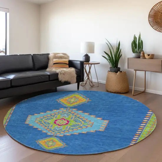 8' Denim Blue Lime Green And Orange Oriental Washable Round Rug With UV Protection Photo 4