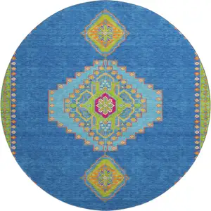Photo of 8' Denim Blue Lime Green And Orange Oriental Washable Round Rug With UV Protection
