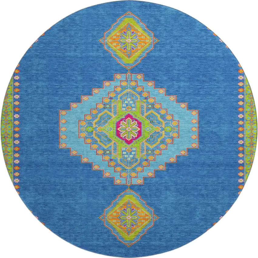 8' Denim Blue Lime Green And Orange Oriental Washable Round Rug With UV Protection Photo 1