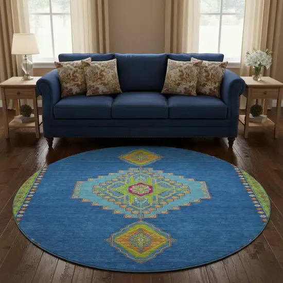 8' Denim Blue Lime Green And Orange Oriental Washable Round Rug With UV Protection Photo 2
