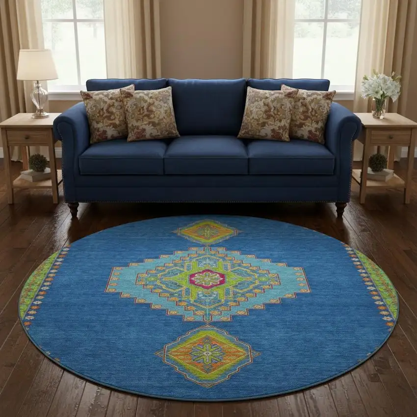 8' Denim Blue Lime Green And Orange Oriental Washable Round Rug With UV Protection Photo 2