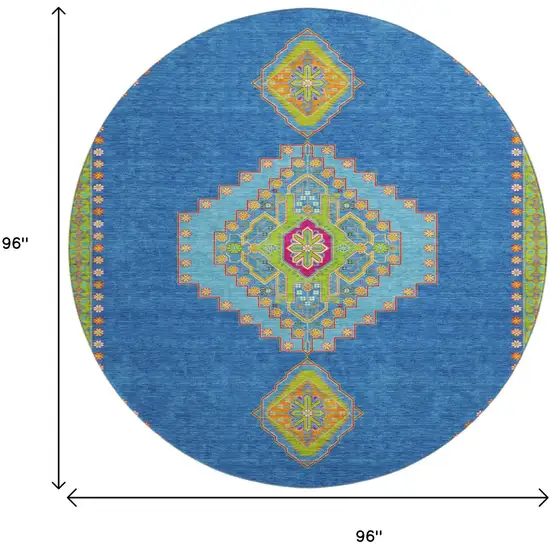 8' Denim Blue Lime Green And Orange Oriental Washable Round Rug With UV Protection Photo 9