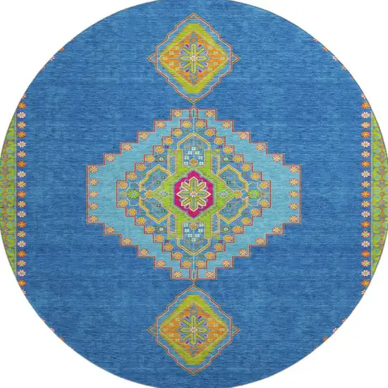 8' Denim Blue Lime Green And Orange Oriental Washable Round Rug With UV Protection Photo 3