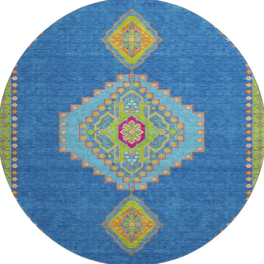 8' Denim Blue Lime Green And Orange Oriental Washable Round Rug With UV Protection Photo 3