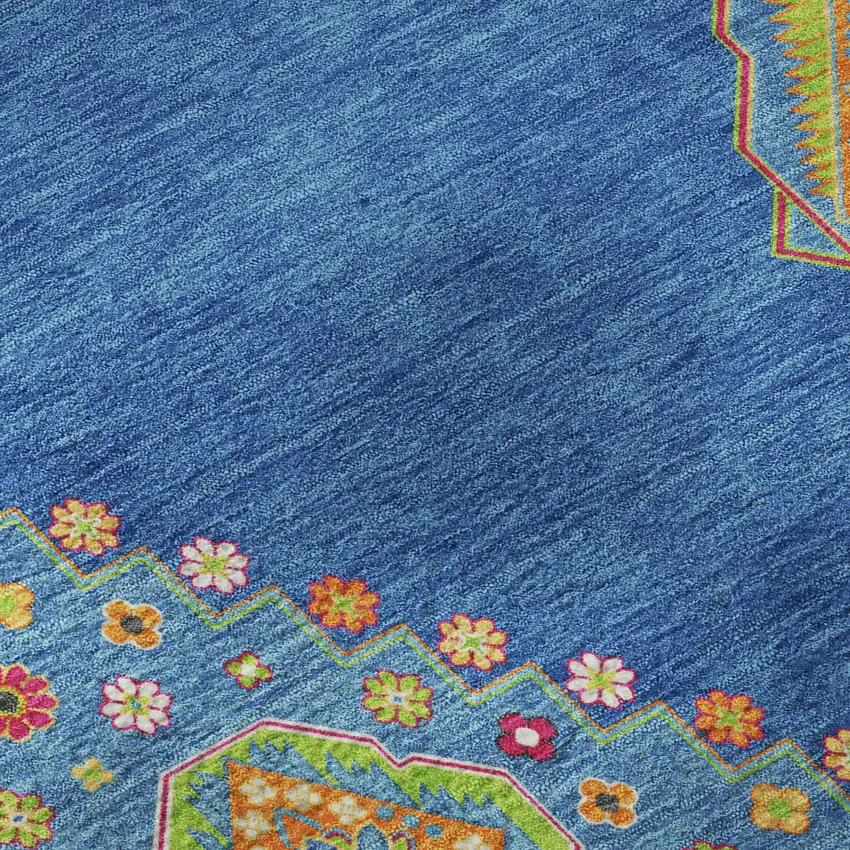 8' Denim Blue Lime Green And Orange Oriental Washable Round Rug With UV Protection Photo 8