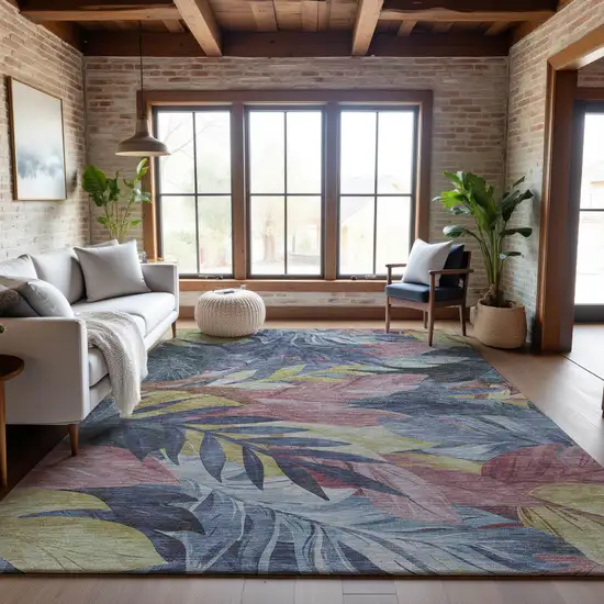 8' Denim Blue Mauve And Gold Floral Washable Area Rug With UV Protection Photo 5