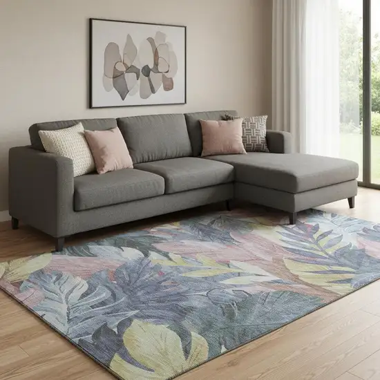 8' Denim Blue Mauve And Gold Floral Washable Area Rug With UV Protection Photo 2