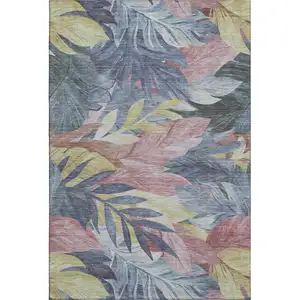 Photo of 8' Denim Blue Mauve And Gold Floral Washable Area Rug With UV Protection