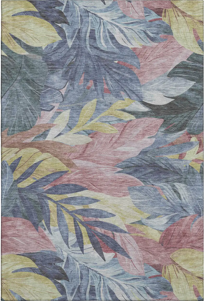 8' Denim Blue Mauve And Gold Floral Washable Area Rug With UV Protection Photo 1