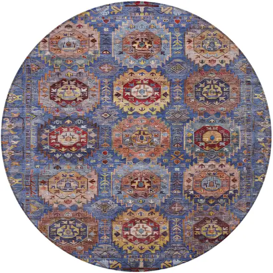 8' Denim Blue Merlot And Gold Round Medallion Washable Indoor Outdoor Area Rug Photo 4