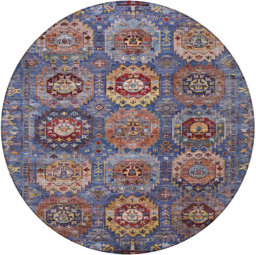 8' Denim Blue Merlot And Gold Round Medallion Washable Indoor Outdoor Area Rug Photo 4