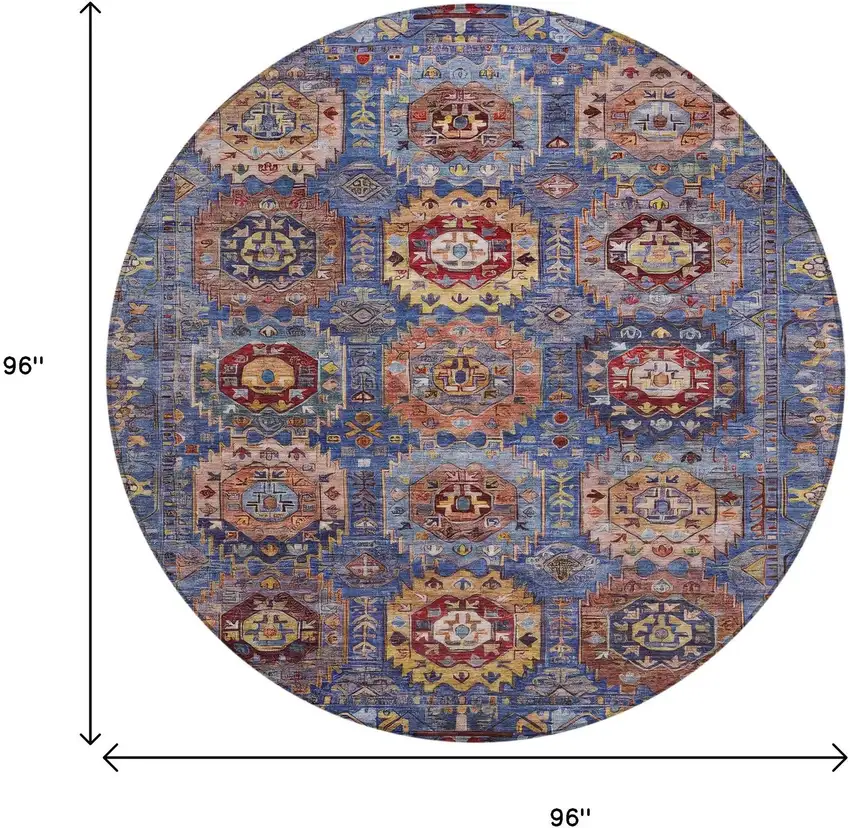 8' Denim Blue Merlot And Gold Round Medallion Washable Indoor Outdoor Area Rug Photo 8
