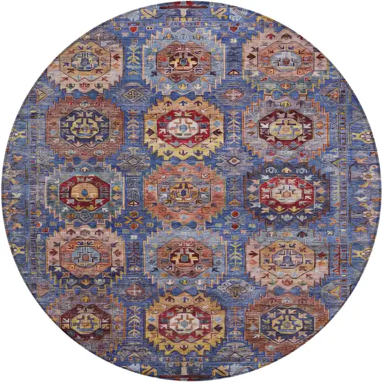 8' Denim Blue Merlot And Gold Round Medallion Washable Indoor Outdoor Area Rug Photo 1