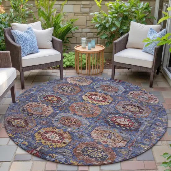 8' Denim Blue Merlot And Gold Round Medallion Washable Indoor Outdoor Area Rug Photo 5