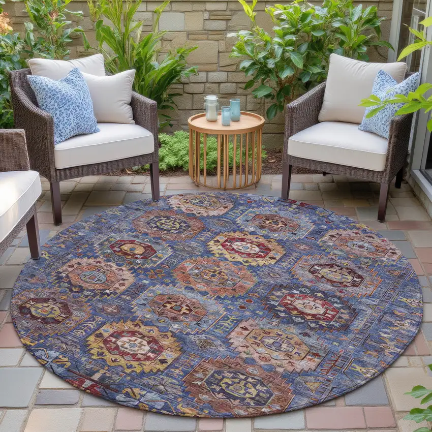 8' Denim Blue Merlot And Gold Round Medallion Washable Indoor Outdoor Area Rug Photo 5