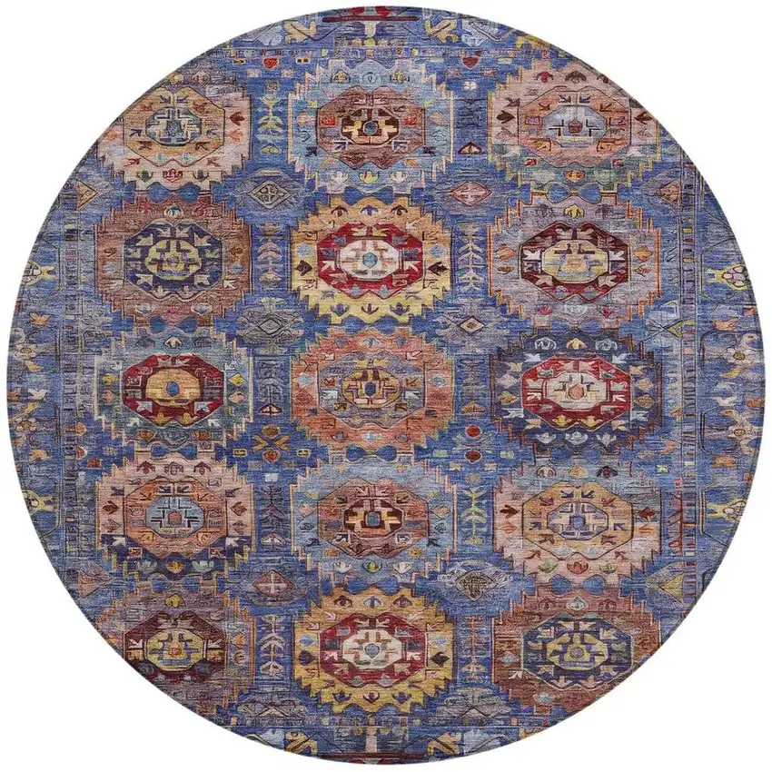 8' Denim Blue Merlot And Gold Round Medallion Washable Indoor Outdoor Area Rug Photo 3